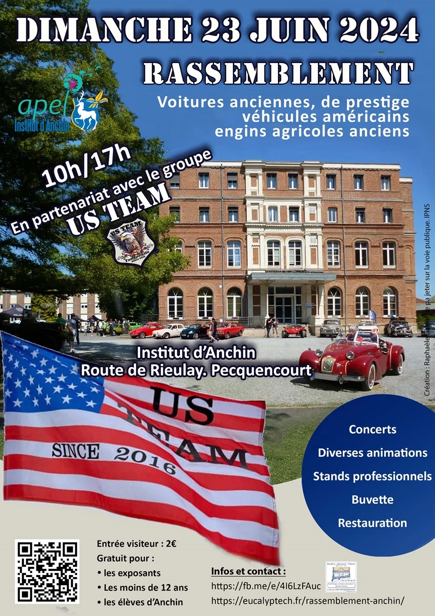 Affiche réalisée par Raphaèle Galéa pour la deuxième édition du rassemblement de véhicules anciens et de prestige du dimanche 23 juin 2024 à l'Institut d'Anchin à Pecquencourt (59).