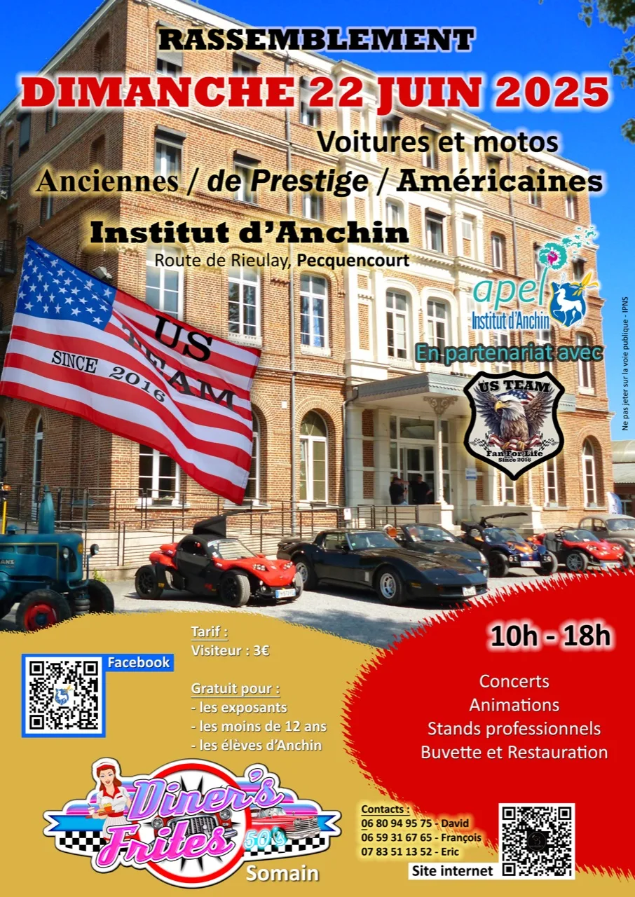 Affiche réalisée par Nicolas Basley pour la troisième édition du rassemblement de véhicules anciens et de prestige du dimanche 22 juin 2025 à l'Institut d'Anchin à Pecquencourt (59).