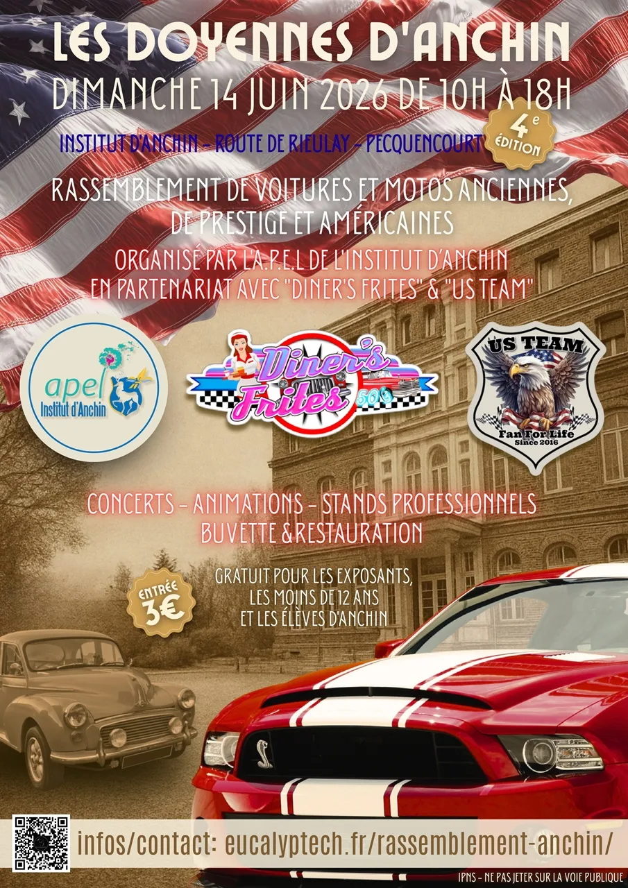 Affiche réalisée par Aurélien Bonnet pour la quatrième édition du rassemblement de véhicules anciens et de prestige du dimanche 14 juin 2026 à l'Institut d'Anchin à Pecquencourt (59).