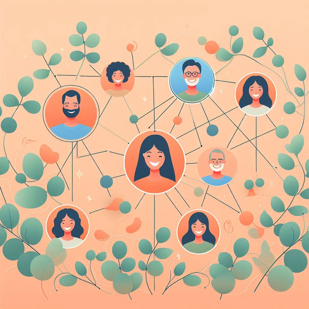 Illustration d'un réseau de personnes affiliées à un point central.