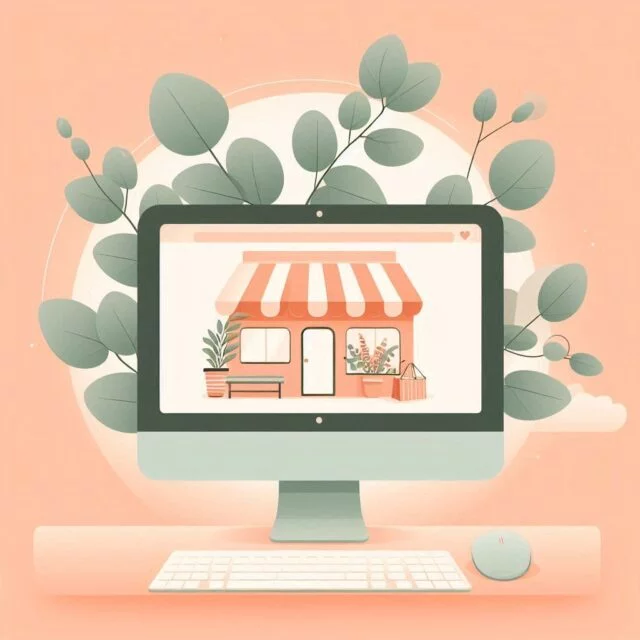 Illustration d'un ordinateur de bureau avec la devanture d'une boutique affichée sur l'écran.