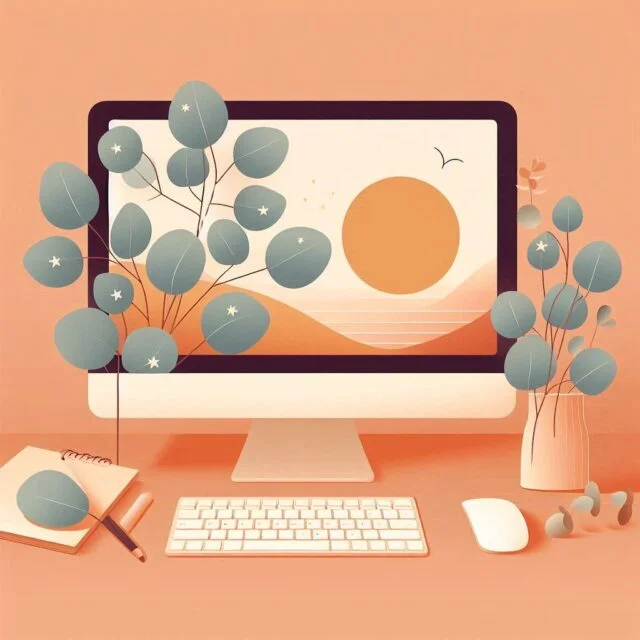Illustration d'un ordinateur de bureau avec un coucher de soleil à la mer affiché à l'écran.