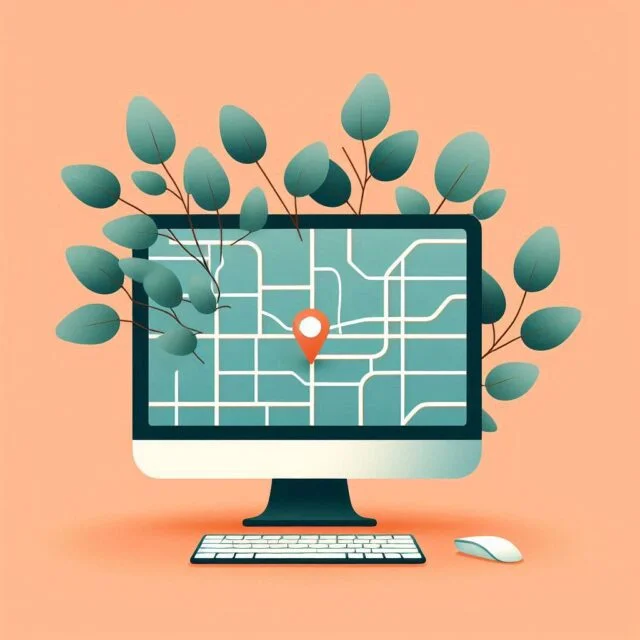 Illustration d'un ordinateur de bureau avec une carte affichée à l'écran.