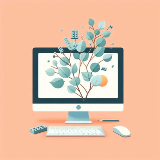 Illustration d'un ordinateur de bureau avec une feuille d'eucalyptus qui se développe au-delà de la taille de l'écran.