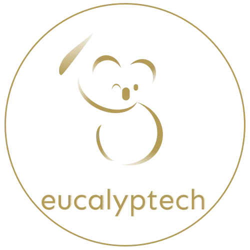Logo eucalyptech composé d'un rond de couleur or avec le nom et un koala stylisé en dessous d'une feuille en or.