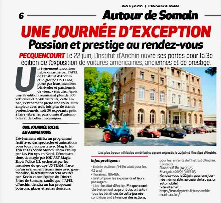 Article écrit par Serge Bearez paru dans le journal L'Observateur du Douaisis du 12/06/25 sur le programme de la troisième édition du rassemblement Les Doyennes d'Anchin.