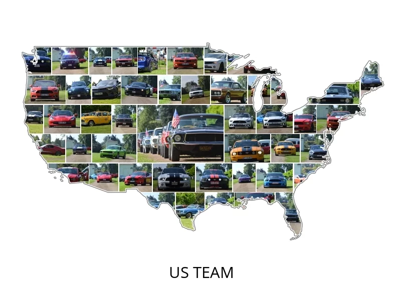 Montage reprenant des voitures des membres du club US Team présentes en 2024 mises sur une carte des États-Unis d'Amérique.
